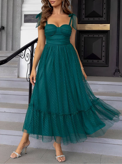 Sexy Sheer Swiss Dots Mesh Lace-Up Sleeveless Maxi Party Dress