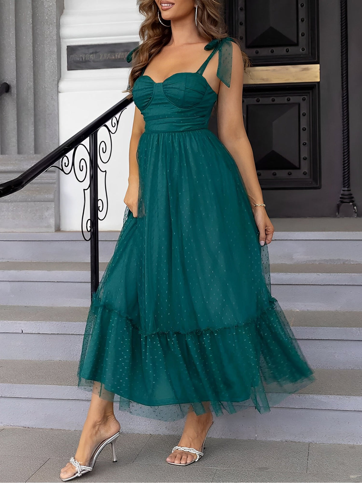 Sexy Sheer Swiss Dots Mesh Lace-Up Sleeveless Maxi Party Dress