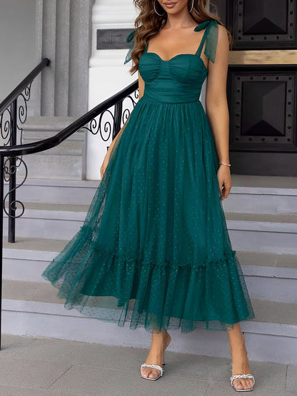 Sexy Sheer Swiss Dots Mesh Lace-Up Sleeveless Maxi Party Dress