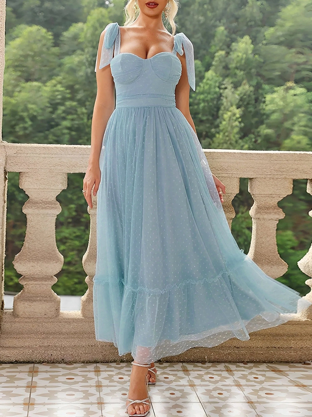 Sexy Sheer Swiss Dots Mesh Lace-Up Sleeveless Maxi Party Dress