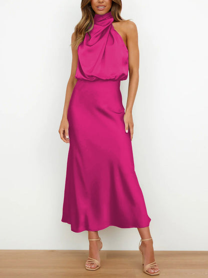 Elegant Halter Ruched Satin Sleeveless Midi Bridesmaid Wedding Party Dress