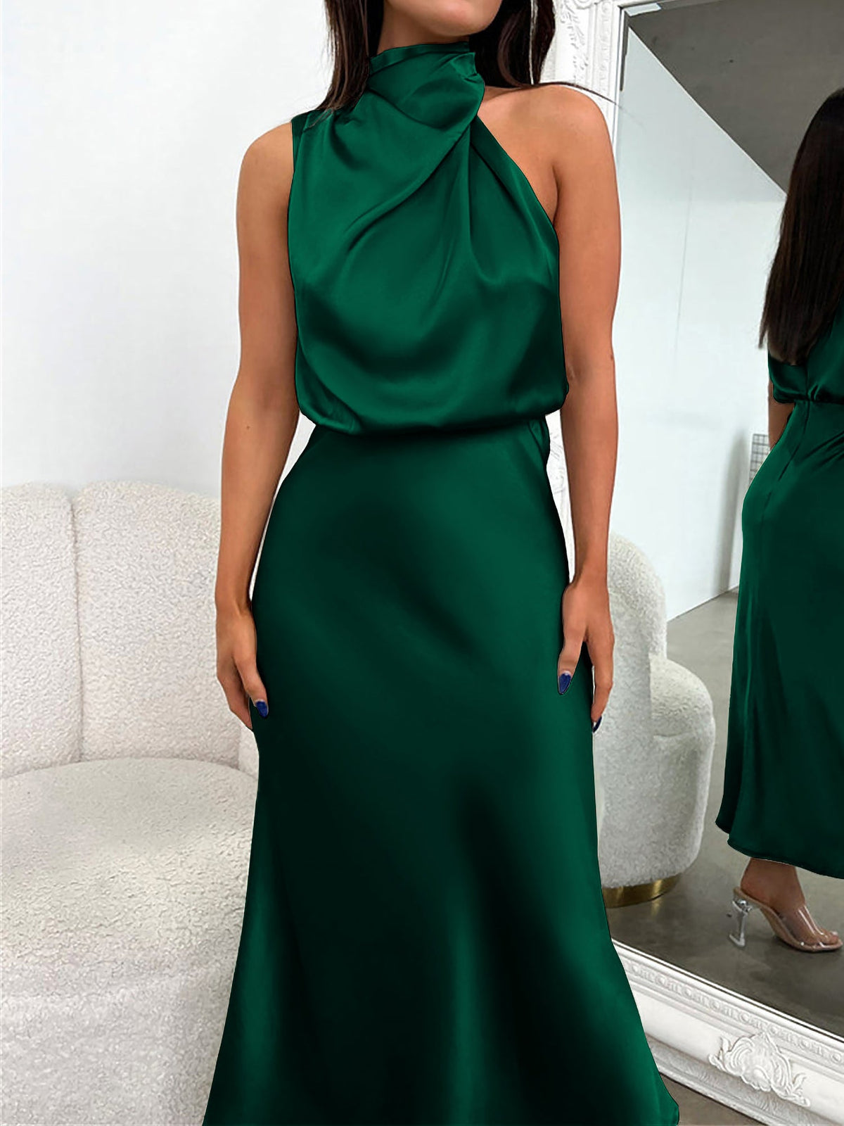 Elegant Halter Ruched Satin Sleeveless Midi Bridesmaid Wedding Party Dress
