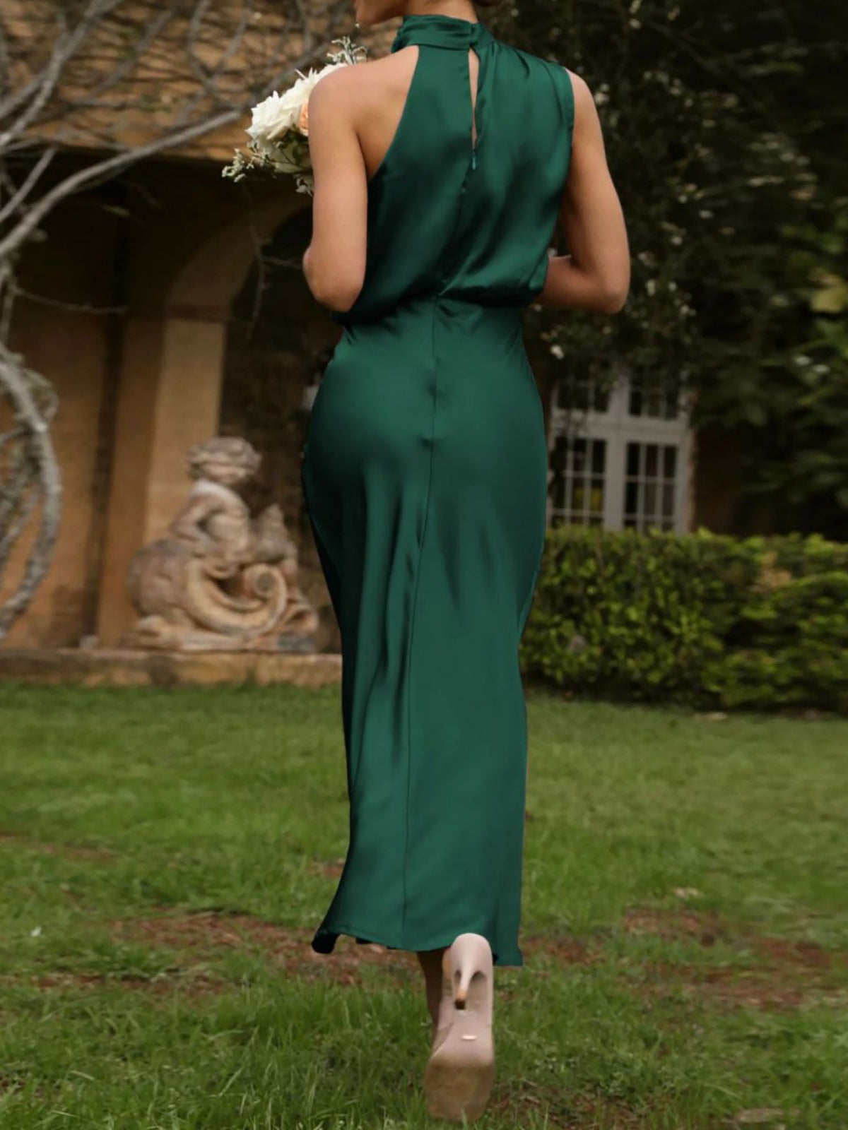 Elegant Halter Ruched Satin Sleeveless Midi Bridesmaid Wedding Party Dress