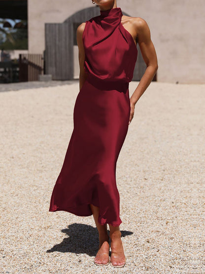 Elegant Halter Ruched Satin Sleeveless Midi Bridesmaid Wedding Party Dress