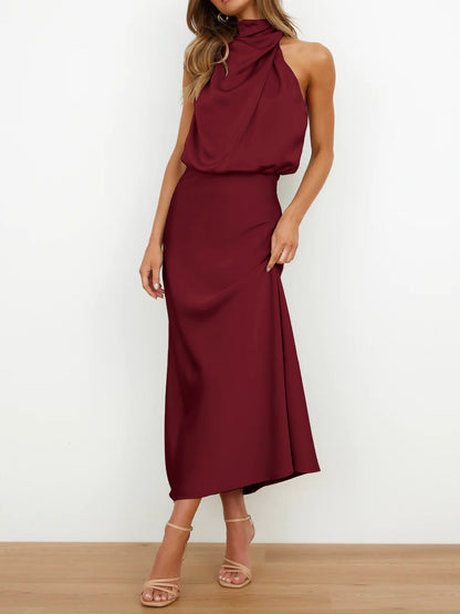 Elegant Halter Ruched Satin Sleeveless Midi Bridesmaid Wedding Party Dress