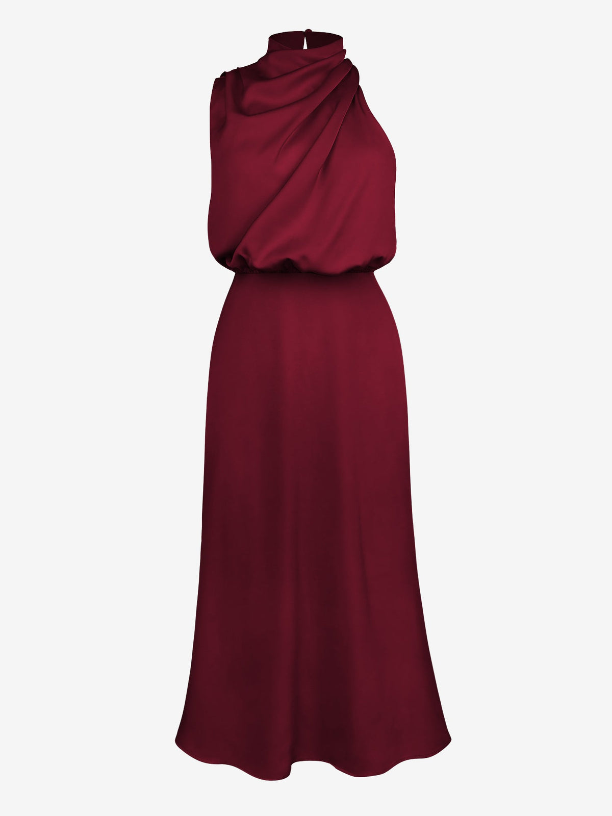 Elegant Halter Ruched Satin Sleeveless Midi Bridesmaid Wedding Party Dress