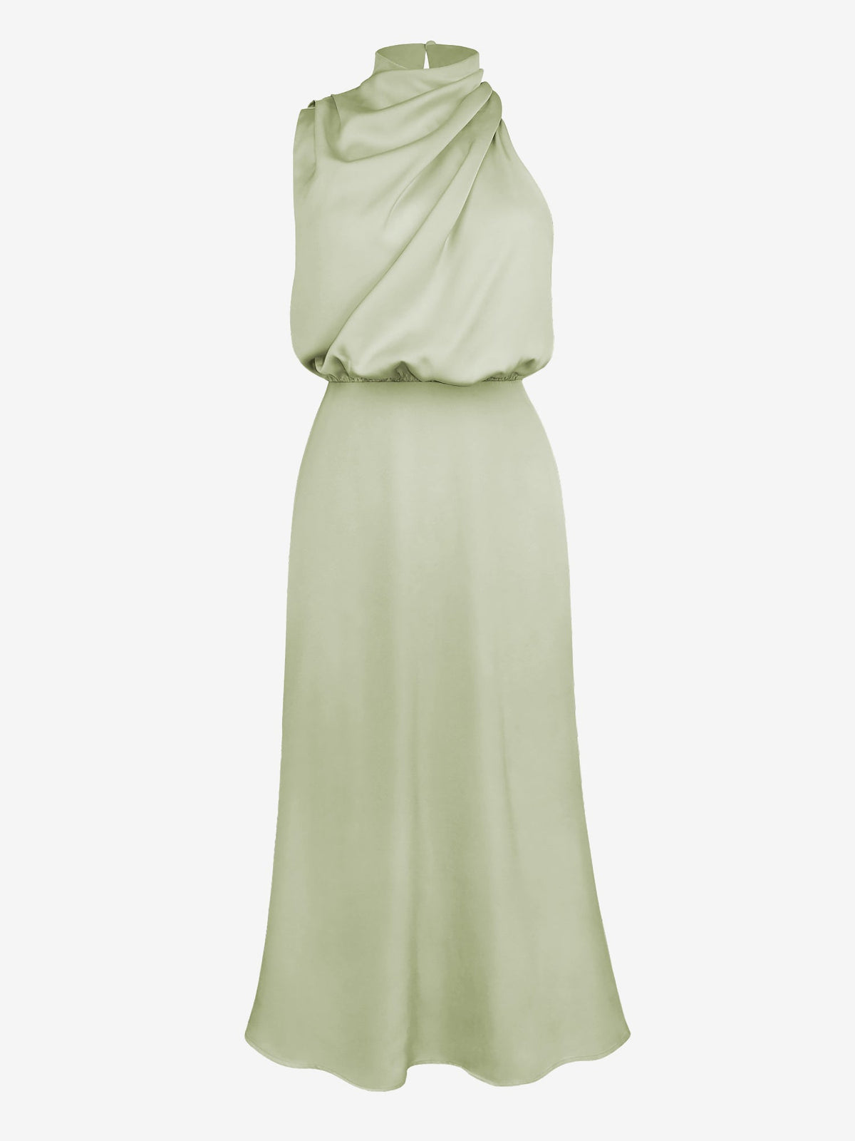 Elegant Halter Ruched Satin Sleeveless Midi Bridesmaid Wedding Party Dress