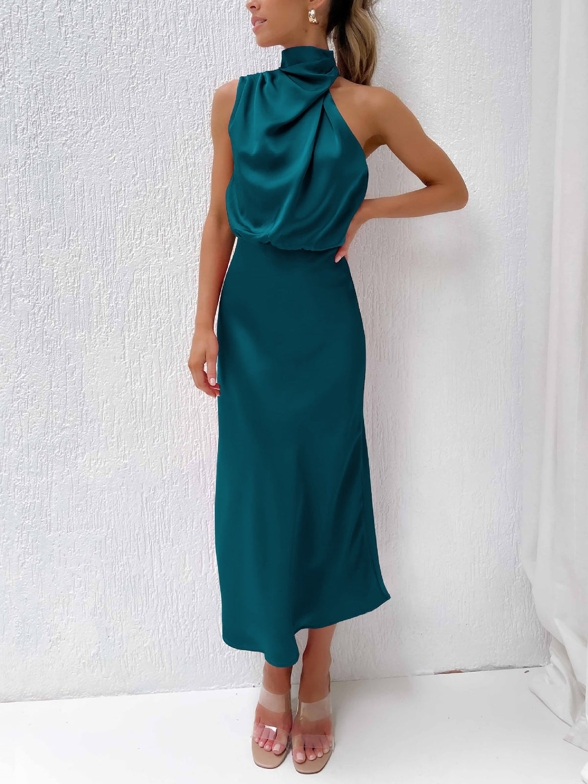 Elegant Halter Ruched Satin Sleeveless Midi Bridesmaid Wedding Party Dress