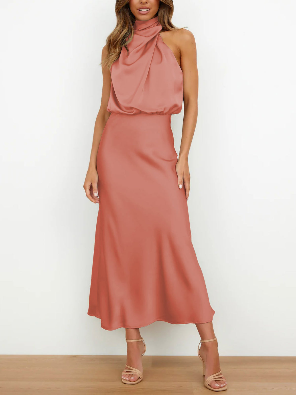 Elegant Halter Ruched Satin Sleeveless Midi Bridesmaid Wedding Party Dress