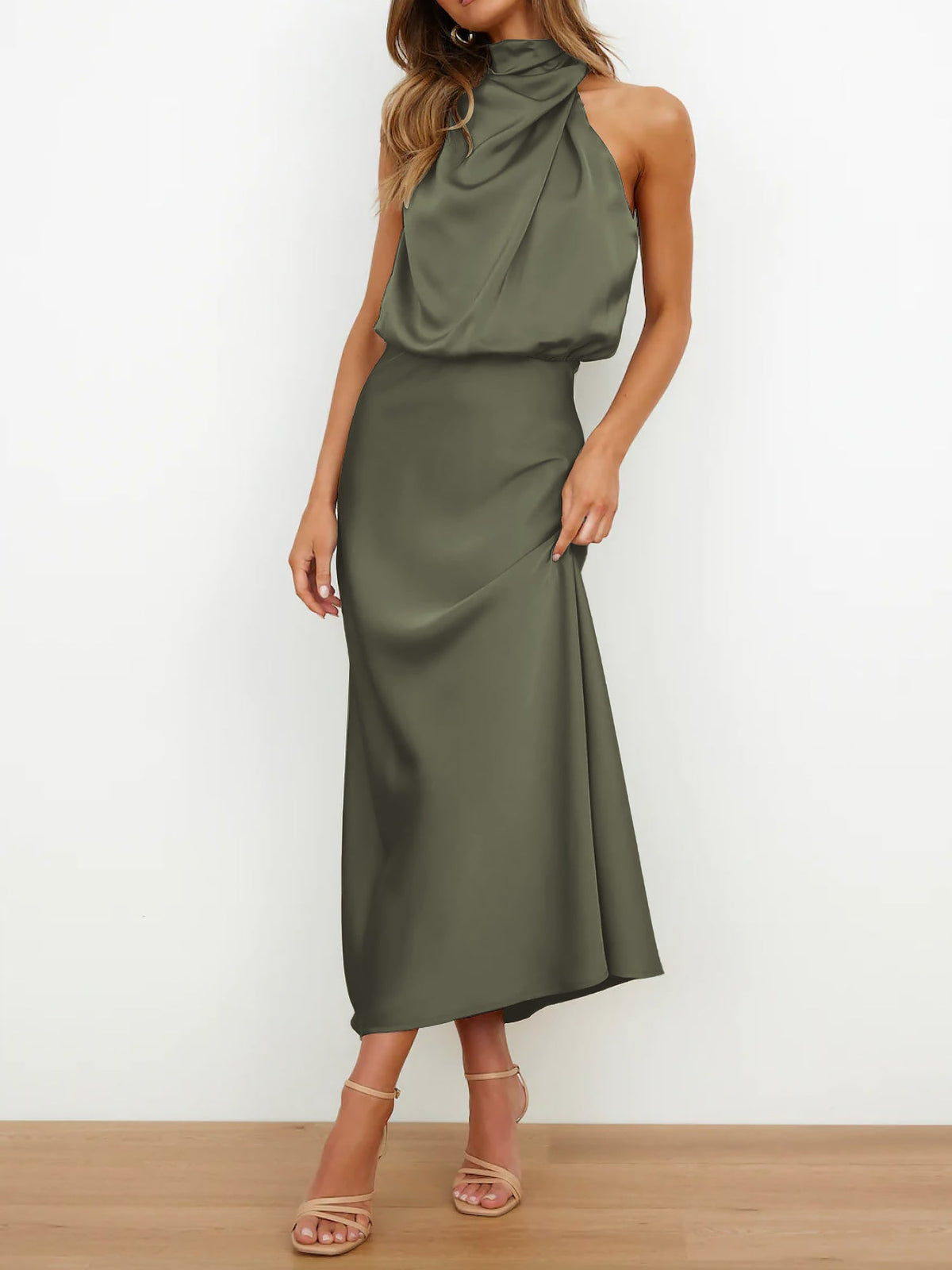 Elegant Halter Ruched Satin Sleeveless Midi Bridesmaid Wedding Party Dress