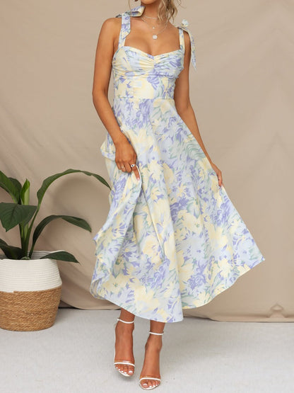 Boho All-Over Bloom Print Floral Adjustable Lace-Up Sleeveless A-Line Midi Dress