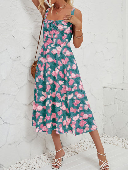 Floral Sleeveless Lace-Up Side Slit Dress Sundress