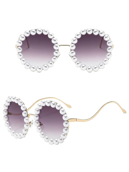 Round Frame Faux Pearl Decor Sunglasses