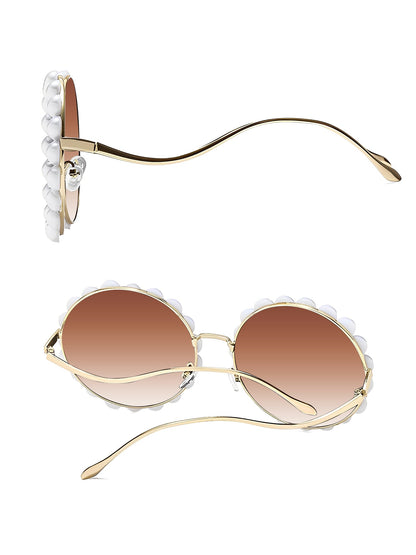 Round Frame Faux Pearl Decor Sunglasses