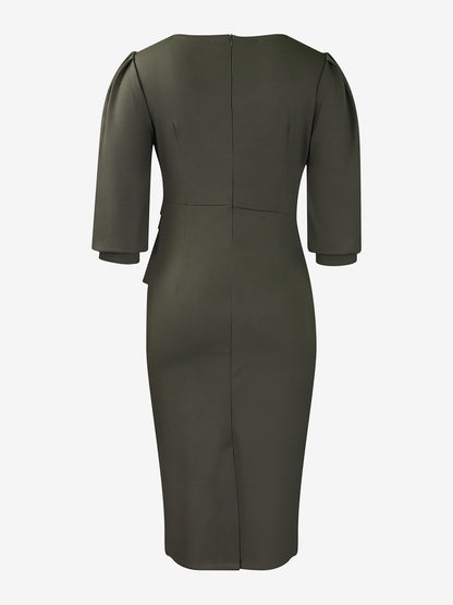 Classic Solid Color Ruched Puff Sleeve Bodycon Midi Sheath Dress with Business Casual Slim Fit Timeless Design