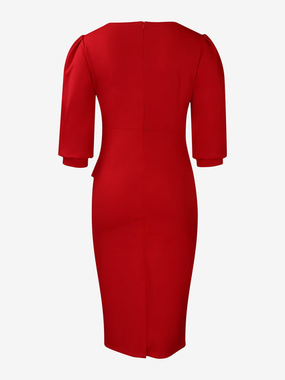 Classic Solid Color Ruched Puff Sleeve Bodycon Midi Sheath Dress with Business Casual Slim Fit Timeless Design