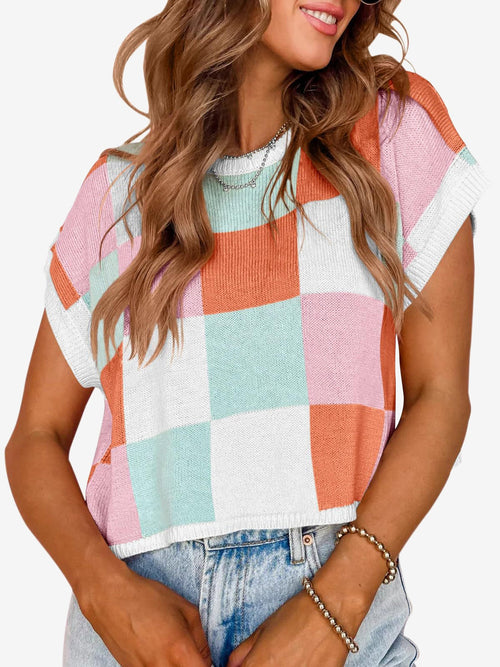Short Sleeve Colorblock Crew Neck Knit Tops