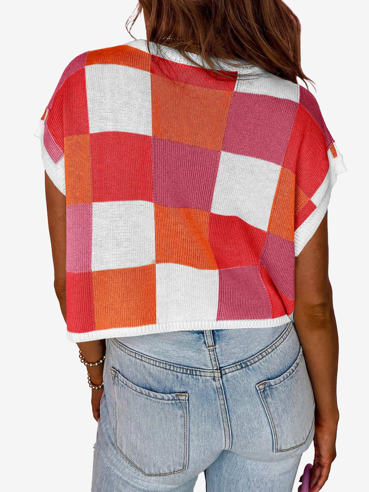 Short Sleeve Colorblock Crew Neck Knit Tops