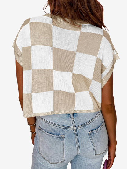 Short Sleeve Colorblock Crew Neck Knit Tops