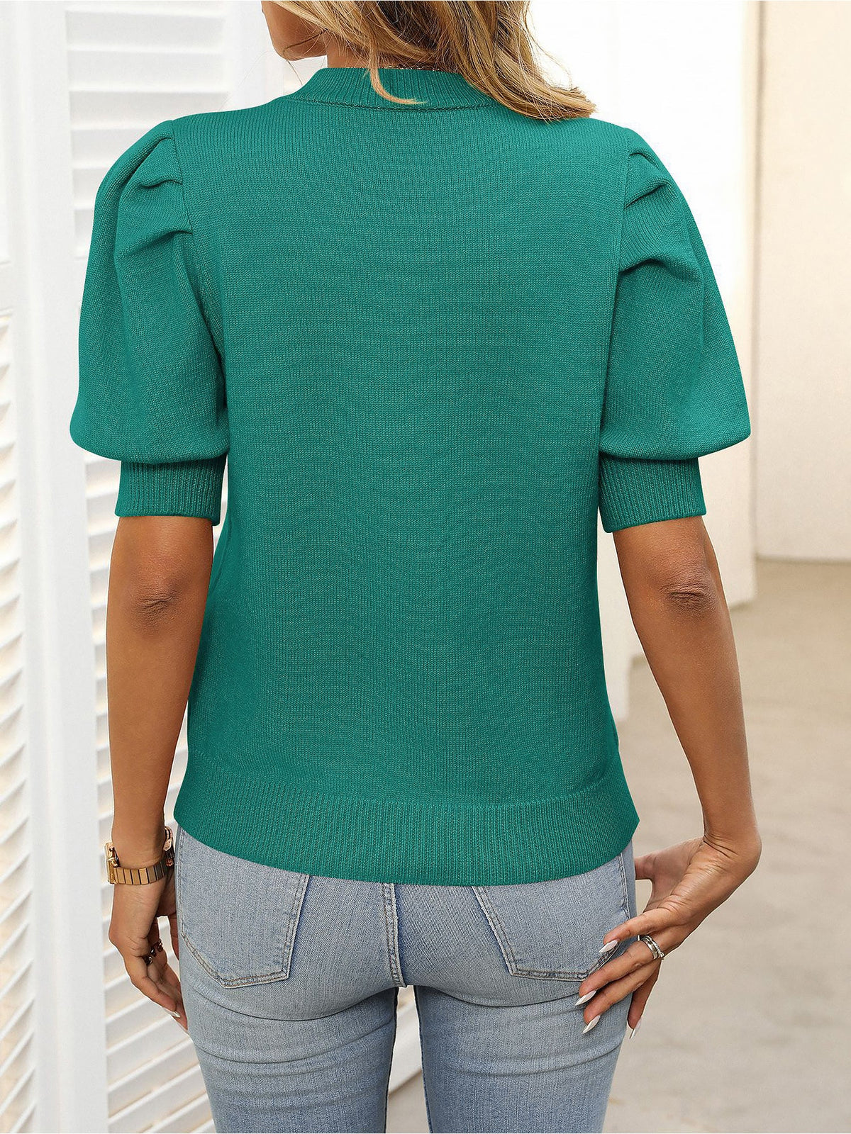 Casual Chic with Ribbed Knit & Relaxed Fit Crew Neck Puff Sleeve Solid Color Knit Tops