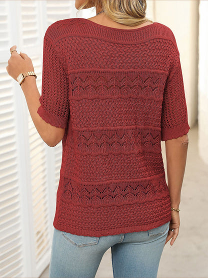 Round Neck Short Sleeve Crochet Knit Tops
