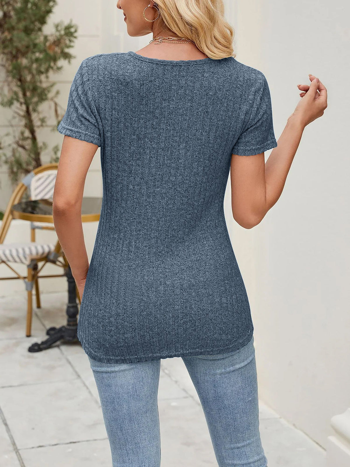 Classic Solid Color Round Neck Timeless Button Front Design Short Sleeve Casual Blouse