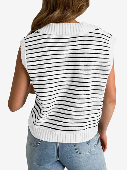 Collared V Neck Knitted Casual Striped Sweater