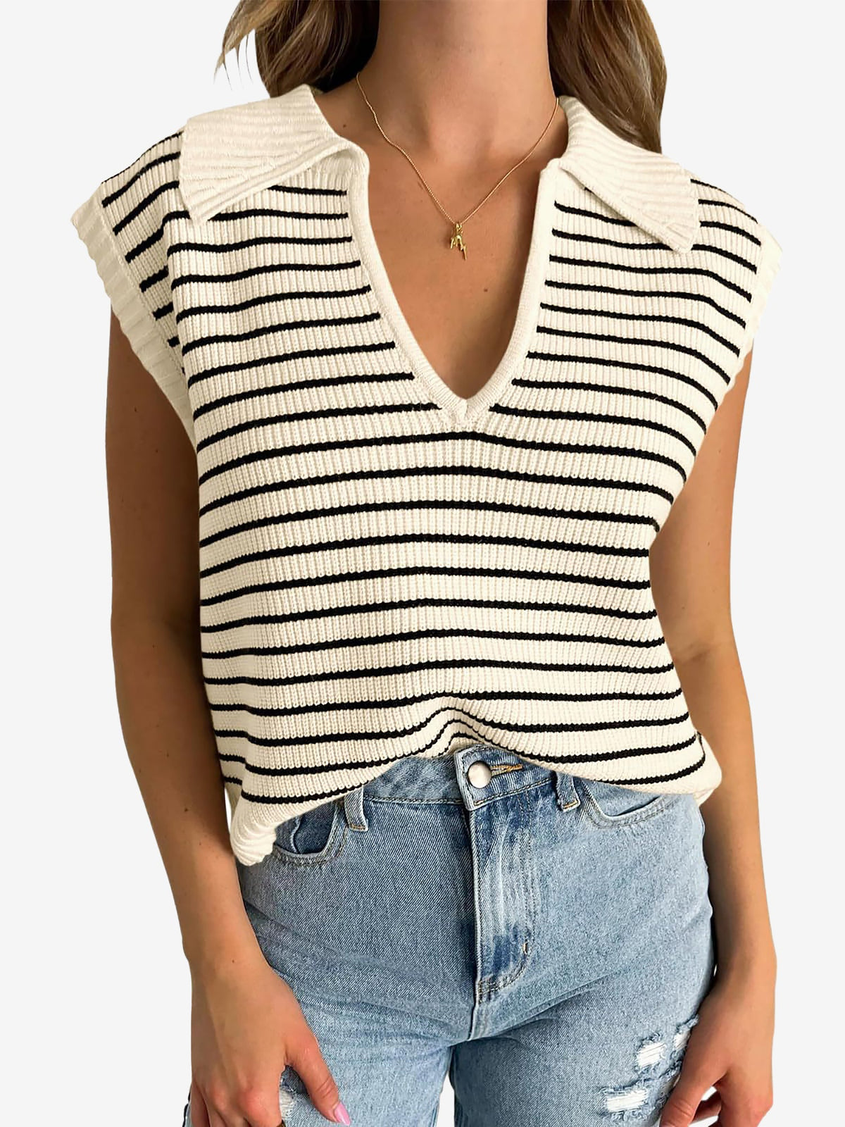 Collared V Neck Knitted Casual Striped Sweater