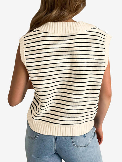 Collared V Neck Knitted Casual Striped Sweater
