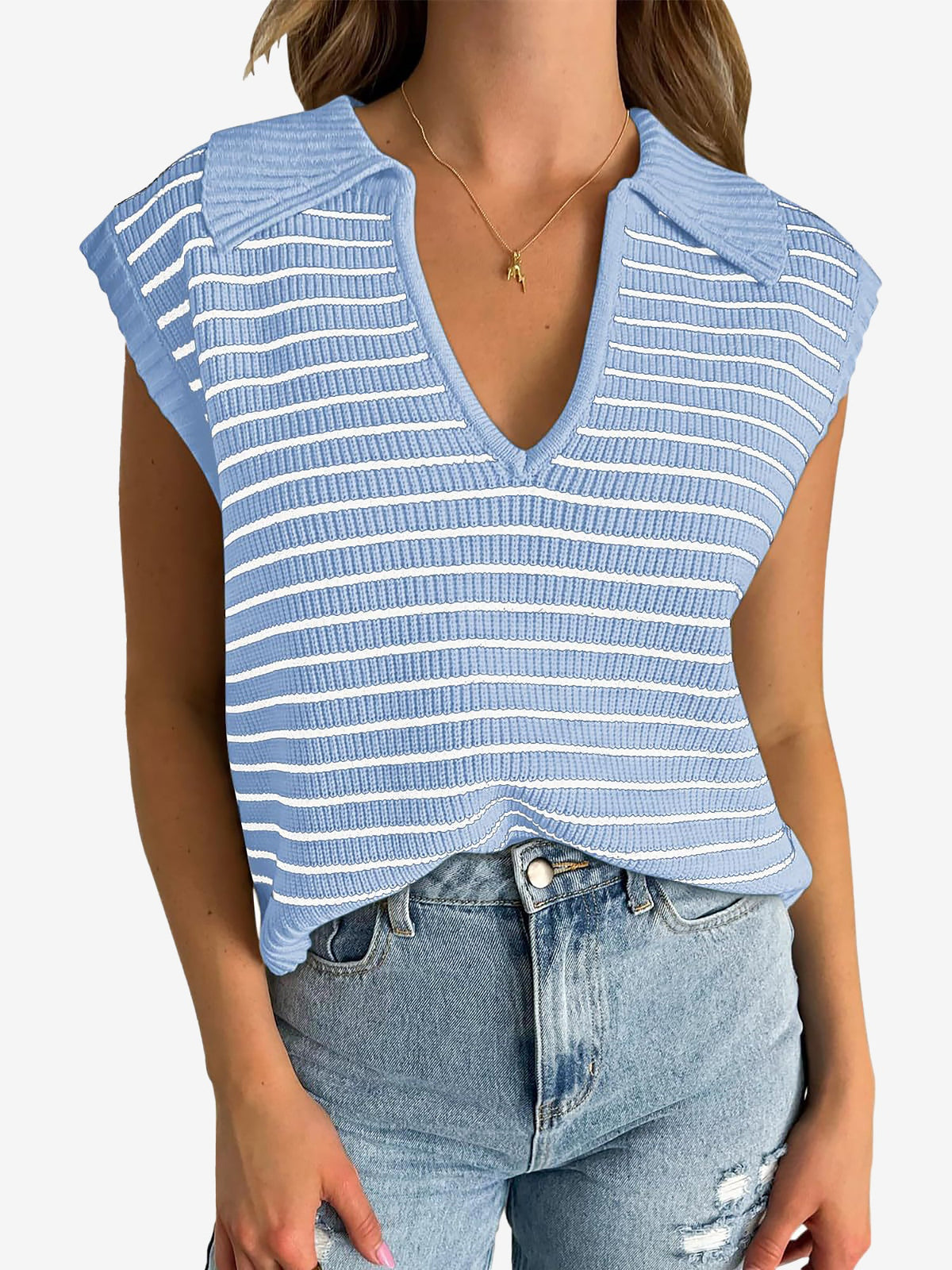 Collared V Neck Knitted Casual Striped Sweater