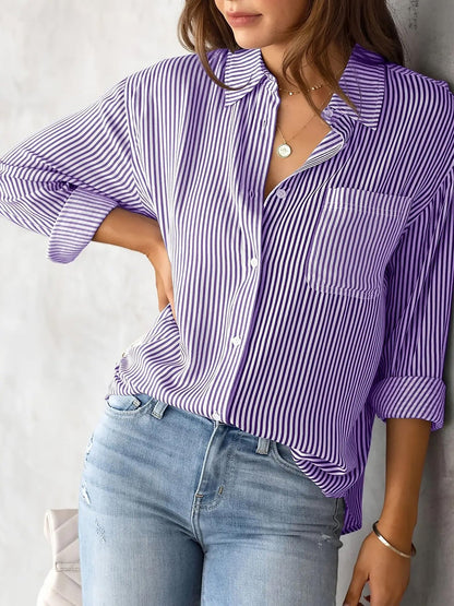 Classic Vertical Stripes Long Sleeves Buttoned Down Office Blouse