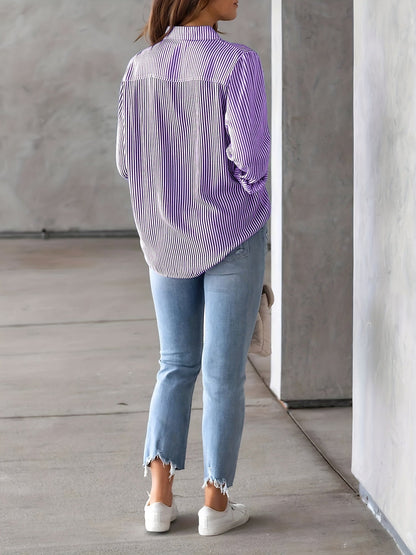 Classic Vertical Stripes Long Sleeves Buttoned Down Office Blouse