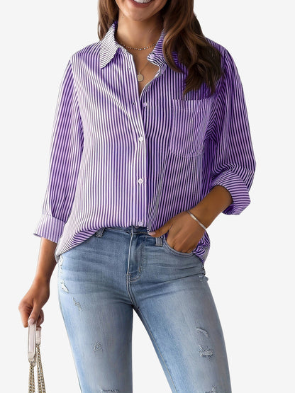 Classic Vertical Stripes Long Sleeves Buttoned Down Office Blouse