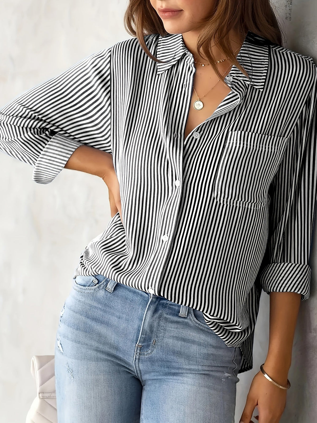 Classic Vertical Stripes Long Sleeves Buttoned Down Office Blouse