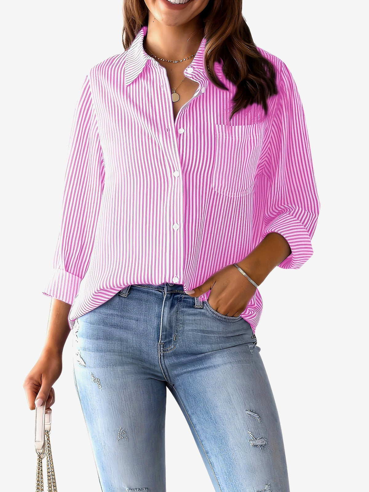 Classic Vertical Stripes Long Sleeves Buttoned Down Office Blouse