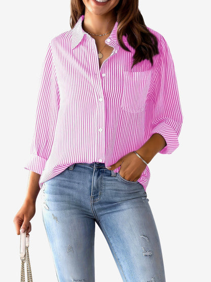Classic Vertical Stripes Long Sleeves Buttoned Down Office Blouse