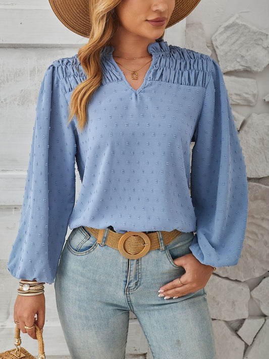 Vintage-Chic Swiss Dots Smocked Puff Long Sleeves Office Blouse