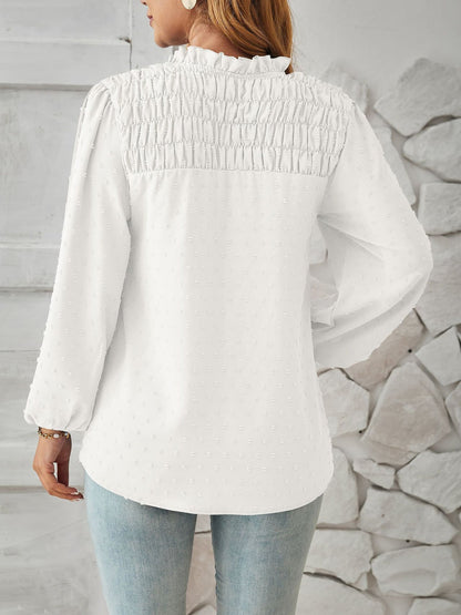 Vintage-Chic Swiss Dots Smocked Puff Long Sleeves Office Blouse