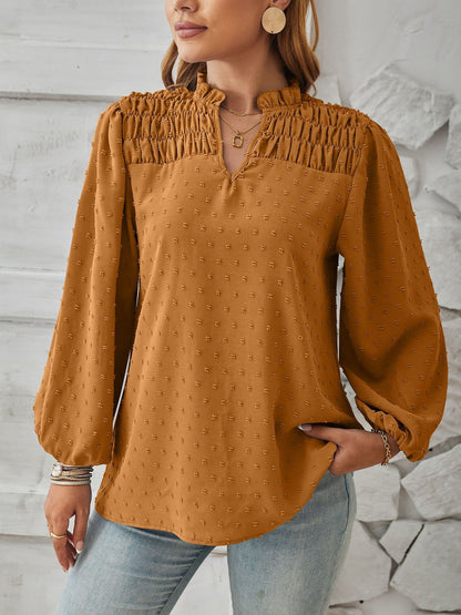 Vintage-Chic Swiss Dots Smocked Puff Long Sleeves Office Blouse