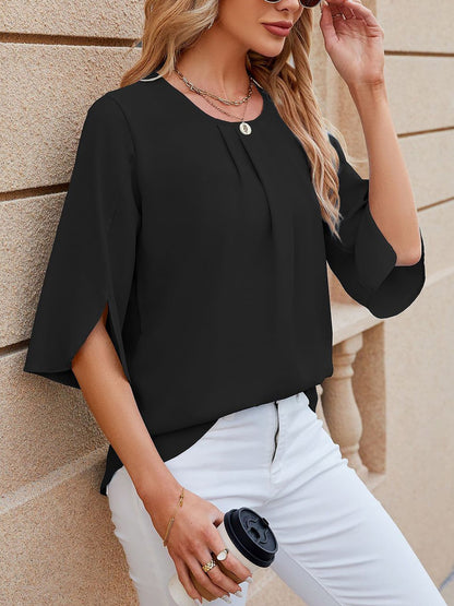 Lightweight Flowy Solid Color Round Neck 3/4 Sleeve Chiffon Blouse