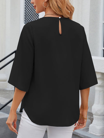 Lightweight Flowy Solid Color Round Neck 3/4 Sleeve Chiffon Blouse