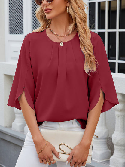 Lightweight Flowy Solid Color Round Neck 3/4 Sleeve Chiffon Blouse