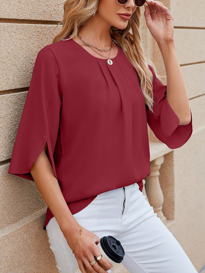 Lightweight Flowy Solid Color Round Neck 3/4 Sleeve Chiffon Blouse