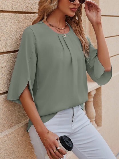 Lightweight Flowy Solid Color Round Neck 3/4 Sleeve Chiffon Blouse