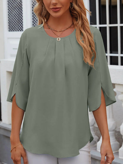 Lightweight Flowy Solid Color Round Neck 3/4 Sleeve Chiffon Blouse