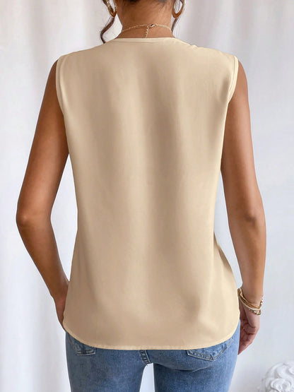 Elegant A-Line Silhouette Pleated V Neck Sleeveless Solid Color Top