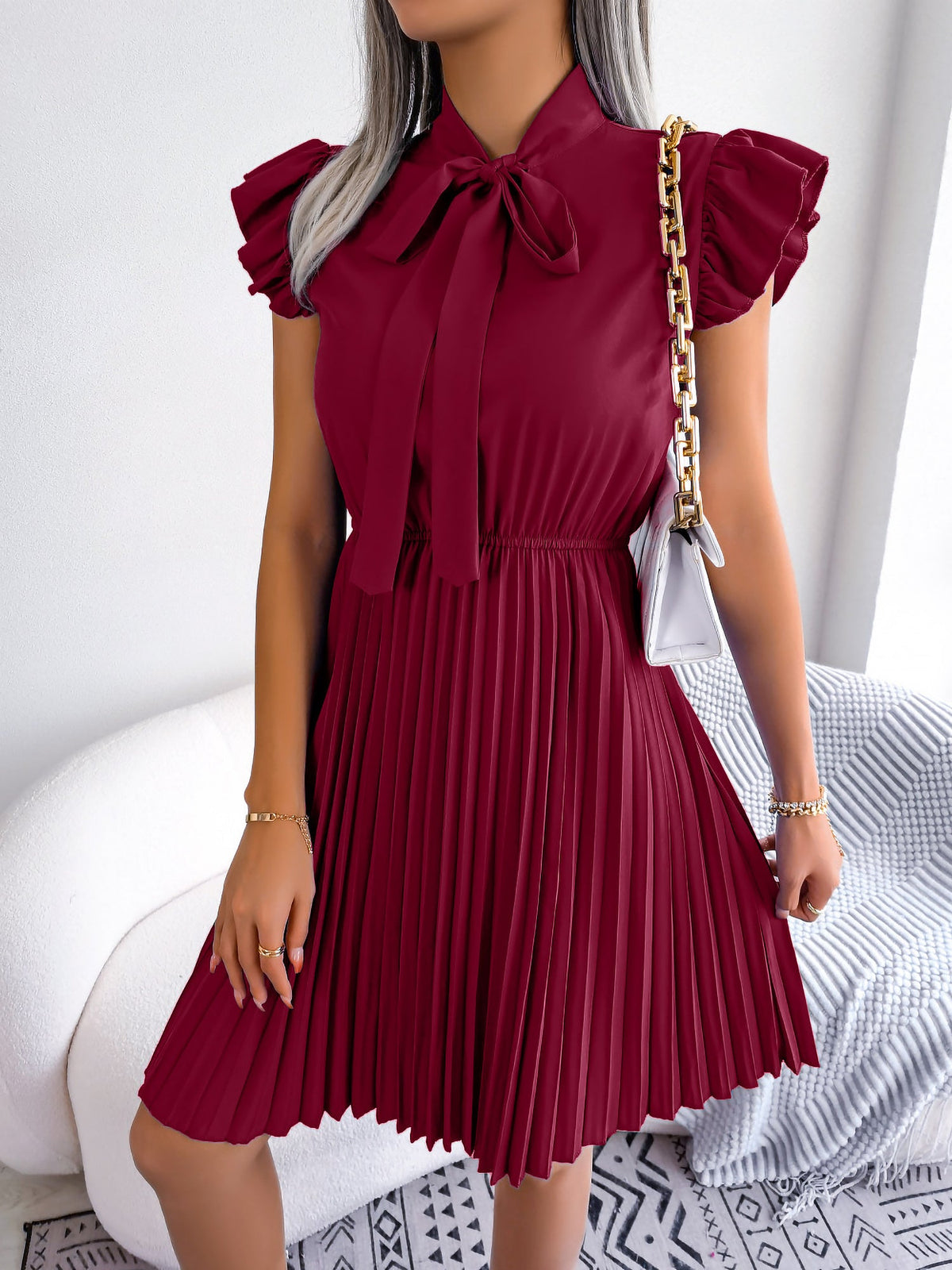 Wrinkle-Resistant Chiffon Bow Tie Neck Ruffled Sleeves Pleated Midi Dress