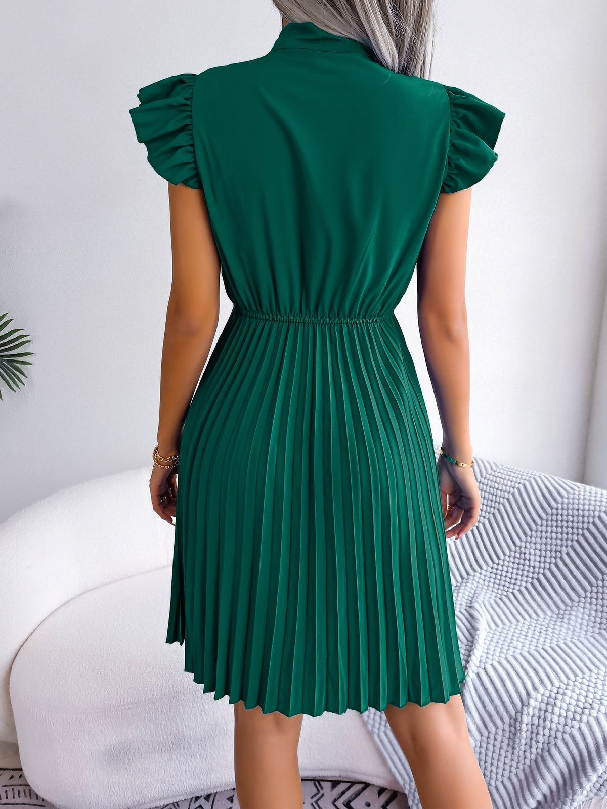 Wrinkle-Resistant Chiffon Bow Tie Neck Ruffled Sleeves Pleated Midi Dress