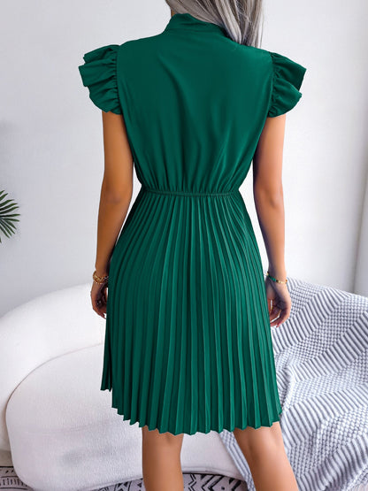 Wrinkle-Resistant Chiffon Bow Tie Neck Ruffled Sleeves Pleated Midi Dress