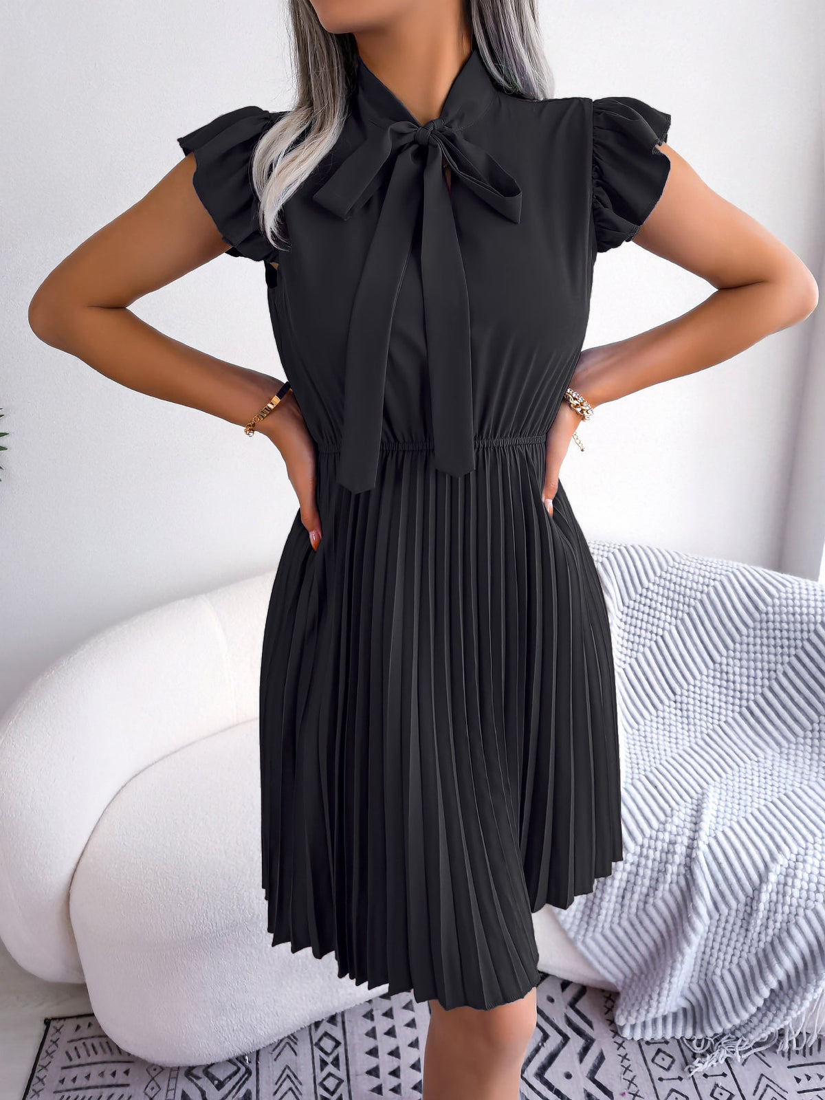 Wrinkle-Resistant Chiffon Bow Tie Neck Ruffled Sleeves Pleated Midi Dress